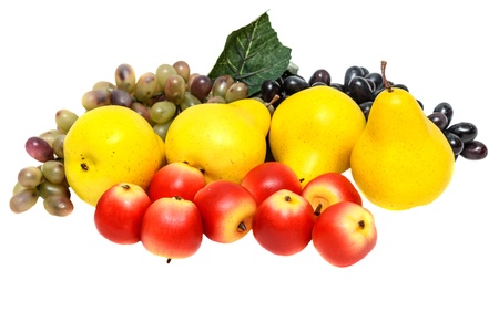 ripe grapes pear apple isolated on white backgroundの写真素材