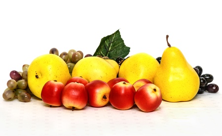 ripe grapes pear apple isolated on white backgroundの写真素材