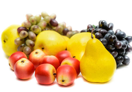 ripe grapes pear apple isolated on white backgroundの写真素材