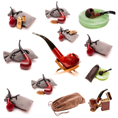 a set of pipes for smoking tobacco pouch ashtrays and lightersの写真素材