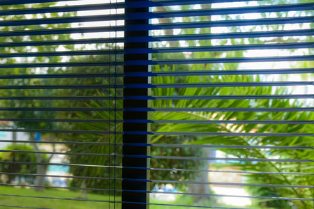 closed plastic blinds on the window with the reflection in the glassの写真素材