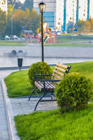 old wooden bench on the promenade sea bayの写真素材