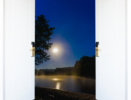 open door view night landscape with the big moonの写真素材