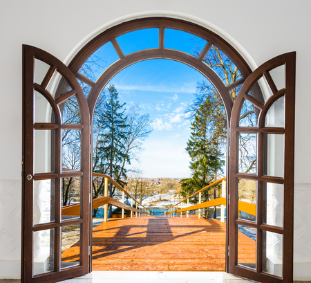 Open the door handle and keys with views of the ladderの写真素材