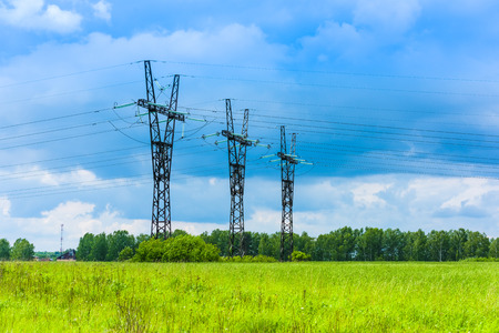 Electric wires on a column about high voltの写真素材