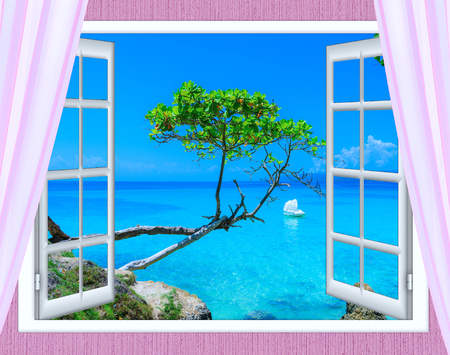open window view of the sea good weather summerの写真素材