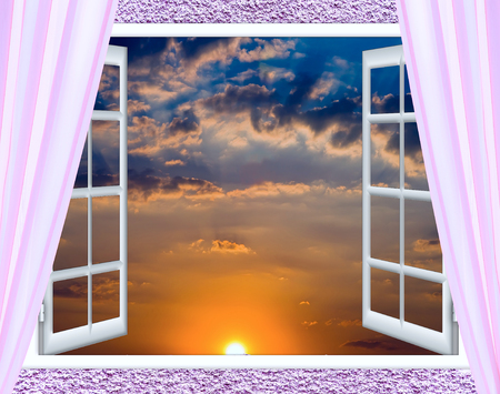 open window view of the sky with clouds sunriseの写真素材