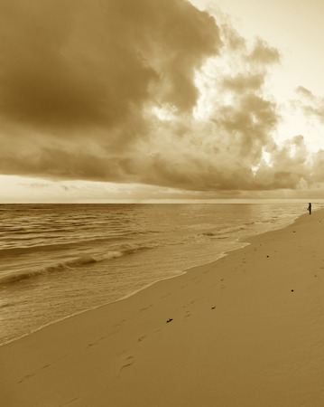 sandy beach and calm blue sea surfの写真素材