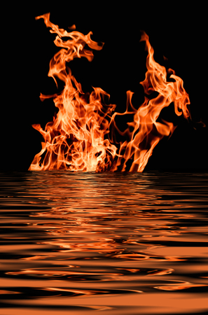 abstract flames flames reflected in water beautiful black backgroundの写真素材