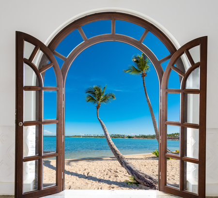 open door with access to the beach view of palmsの写真素材