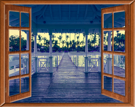 window open view of the gazebo in the seaの写真素材