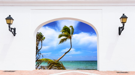 arch open door with access to the beach view of palmsの写真素材