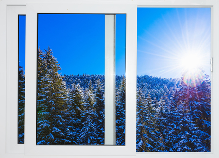 view from the window of a winter forestの写真素材