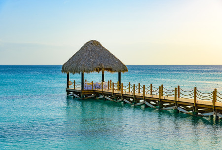 gazebo with a bridge on the coast of the sea caribbean dominicanの写真素材