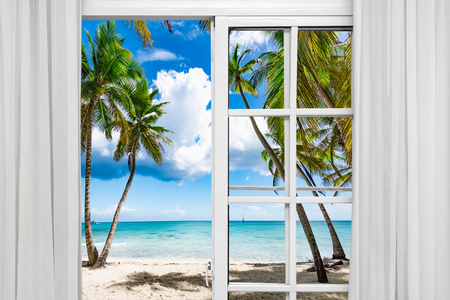 open window with access to the beach view of palmsの写真素材