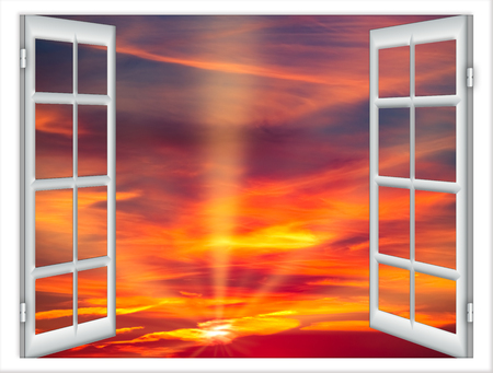 open window view of the sky with clouds sunriseの写真素材