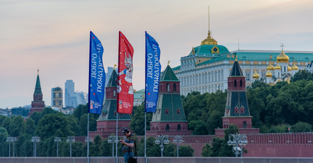 MOSCOW, JUNE 29, 2018.Football fans on Red Square. The period of the International FIFA World Cup in Russia.のeditorial素材