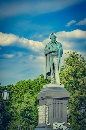 monument to Pushkin in Moscow on the square summer skyの写真素材