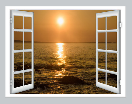 open window view of the sky with clouds sunriseの写真素材