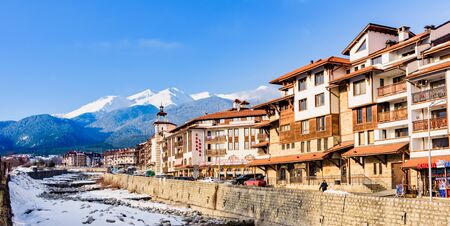 Bansko, Bulgaria-February 12 .2019. Old streets of Bansko in Bulgaria.Nice Sunny weather. Holidays people relax in the ski resort in the winterのeditorial素材