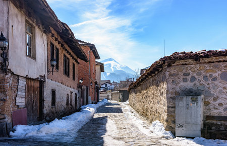 Bansko, Bulgaria-February 12 .2019. Old streets of Bansko in Bulgaria.Nice Sunny weather. Holidays...
