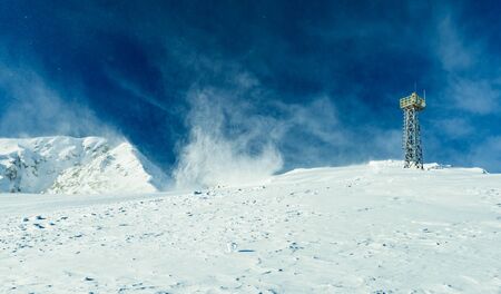 snowstorm in the mountains. ski resort Bansko. snowy tracksの写真素材