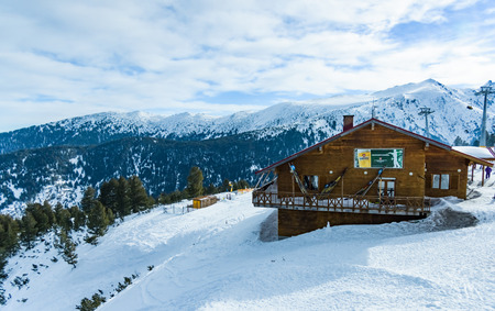 Bulgaria. Bansko. 12 February 2019. wooden house on the ski slope for tourists. Cafe for skiers in the Pirin mountains of Bulgaria in the resort of Banskoのeditorial素材