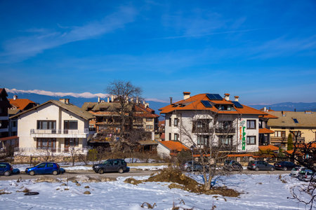 Bansko, Bulgaria-February 12 .2019. Old streets of Bansko in Bulgaria.Nice Sunny weather. Holidays people relax in the ski resort in the winterのeditorial素材