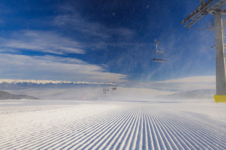 snowstorm in the mountains. ski resort Bansko. snowy tracksの写真素材