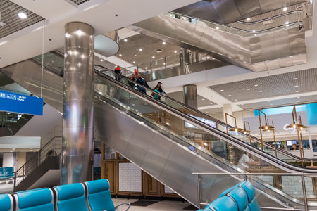Moscow. Domodedovo. 07. February 2020. Domodedovo Airport International Departure Area. Escalator...