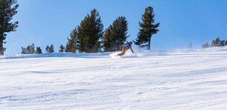 Bulgaria. Bansko. 10 February 2020.  Skier riding down the huge snowfield splashing powder snow.のeditorial素材