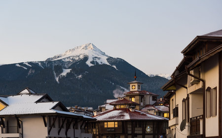 Bansko, Bulgaria-February 11 .2020. Old streets of Bansko in Bulgaria.Nice Sunny weather. Holidays people relax in the ski resort in the winterのeditorial素材