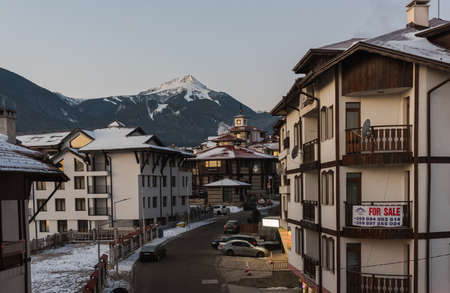 Bansko, Bulgaria-February 11 .2020. Old streets of Bansko in Bulgaria.Nice Sunny weather. Holidays people relax in the ski resort in the winterのeditorial素材