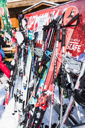 Bulgaria. Bansko. 12 February 2020.Bansko ski station, Kolarski ski lift at Banderishka polyana, skiers on ski slopes, mountain. With pine trees, people. Snowのeditorial素材