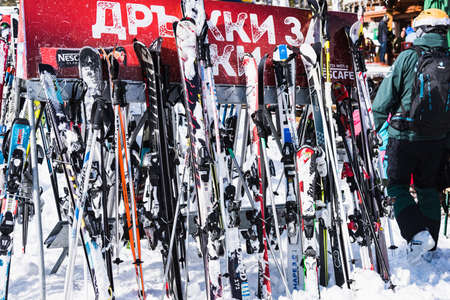 Bulgaria. Bansko. 12 February 2020.Bansko ski station, Kolarski ski lift at Banderishka polyana, skiers on ski slopes, mountain. With pine trees, people. Snowのeditorial素材