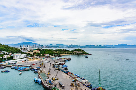 a small pier at the port of a vietnamese city in the south china seaの写真素材
