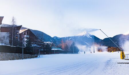 machine for the production of artificial snow in the mountains of skiing in Bulgariaの写真素材