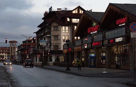 Bansko, Bulgaria.12. February. 2020.Ski resort in Bulgaria Bansko town at dawn street with hotel. winter seasonのeditorial素材