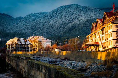 Bansko, Bulgaria.12. February. 2020.Ski resort in Bulgaria Bansko town at dawn street with hotel. winter seasonのeditorial素材