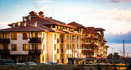 Bansko, Bulgaria.12. February. 2020.Ski resort in Bulgaria Bansko town at dawn street with hotel. winter seasonのeditorial素材