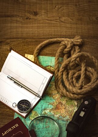 preparation for a long trip with an adventure on vacation. Preparation of equipment and preparation of a route on a tripの写真素材