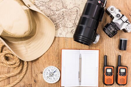 vacation planning. preparation of items is necessary for adventure and outdoor activities in search ofの写真素材