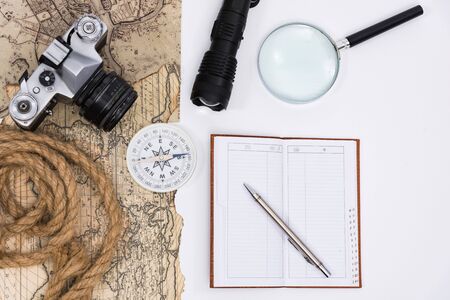 vacation planning. preparation of items is necessary for adventure and outdoor activities in search ofの写真素材