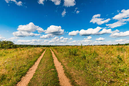 rural landscape dirt road in the field blue sky with white cloudsの写真素材