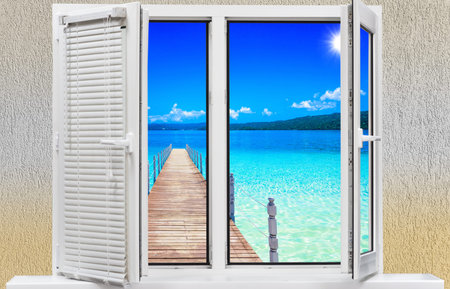 Ocean view from the window on the island of sunny summer day