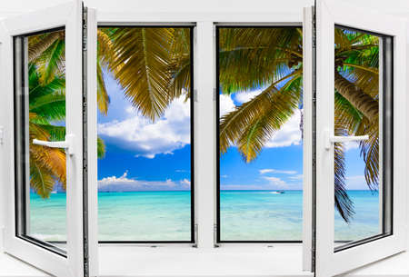Ocean view from the window on the island of sunny summer day Caribbean Dominican Republicの写真素材