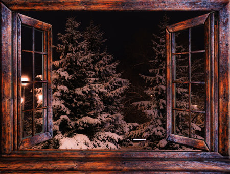 winter landscape view from the window is covered with ice frost