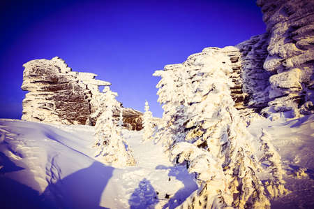 stone rock in winter frost covered with snow on blue sky backgroundの写真素材