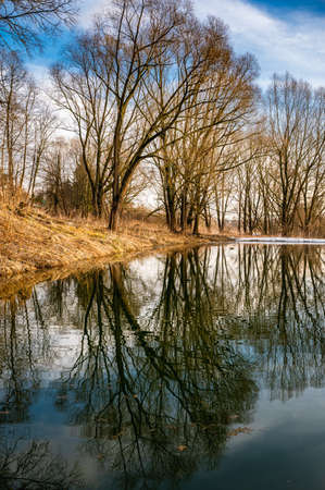 wooden bridge to the reservoir on a spring day in the water the reflection of the sunの写真素材