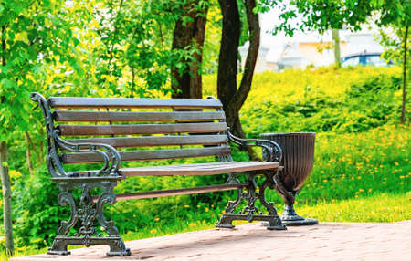 wooden bench for relaxing in the park in summerの写真素材